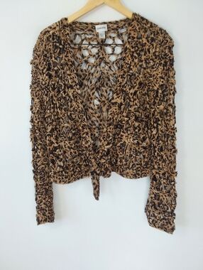 Chico's Boho Chic Silk Animal Print Open Crochet Cropped Tie Front Cardigan